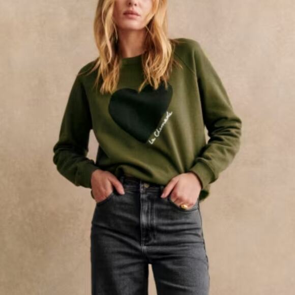 Sezane Sweatshirt Olive Green La Chamade Crewneck Heart Print Size L - Picture 8 of 8